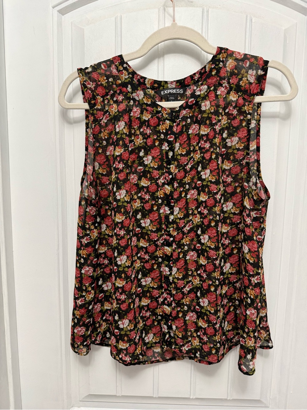 Express Floral Print V-Neck Sheer Blouse Size Large Slit Flowy Cottagecore (3-4)
